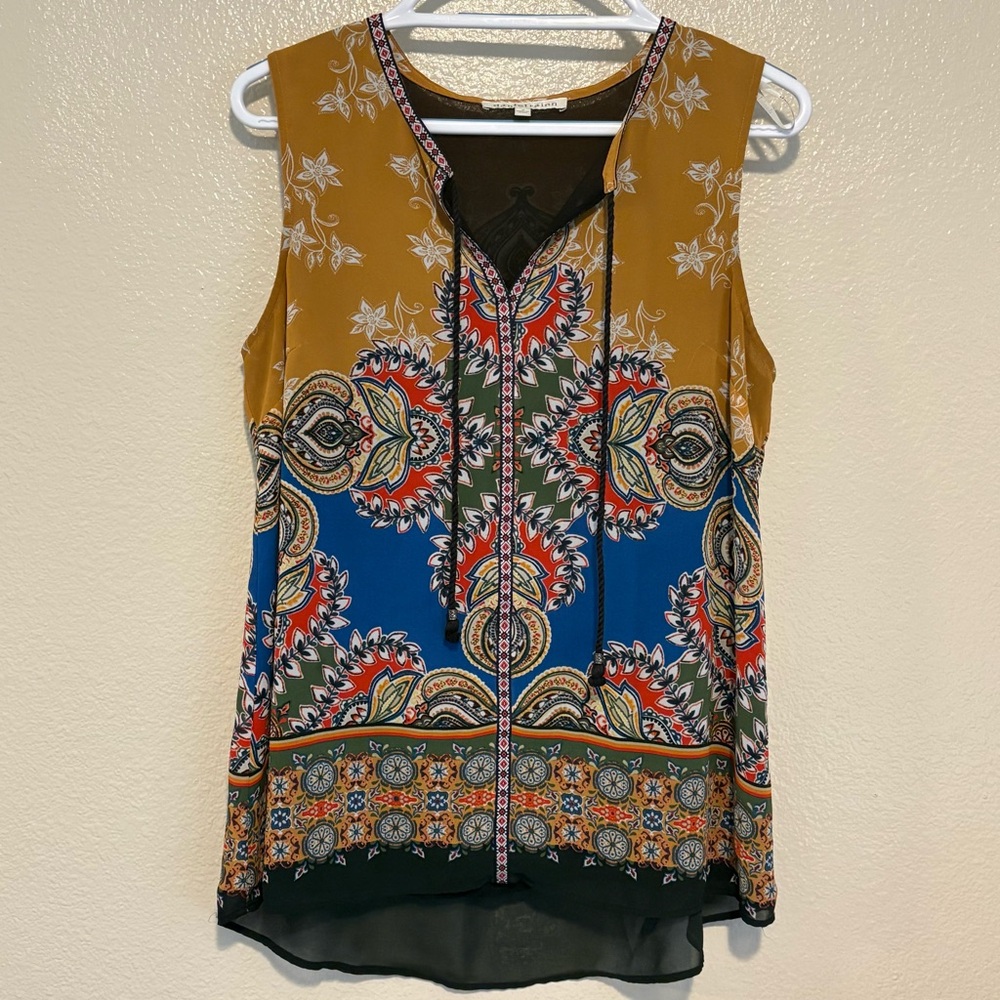 Daniel Rainn Boho Paisley Print Sleeveless Blouse Tank Tassel Tie Lined Medium